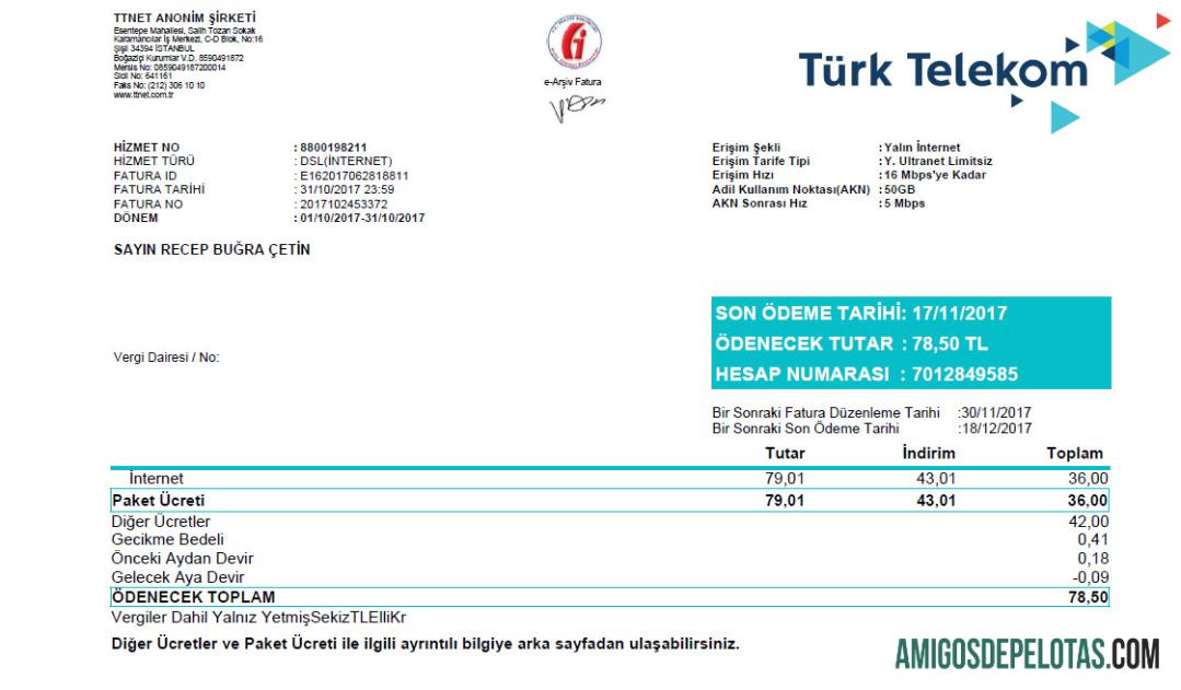 imprimível Modelo de conta de serviços públicos Turktelekom da Turquia em formato Word e PDF, totalmente editável